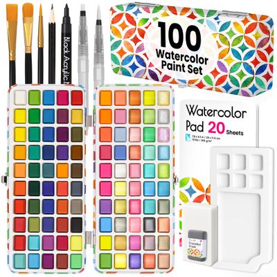 Funcils 100 Watercolor Paint Set - Water Colors Paint for Adult, Beginners, Professional Artists | Watercolor Palette with Paper, Brushes, Pen | Travel Painting Kit, Art Supplies for Adults