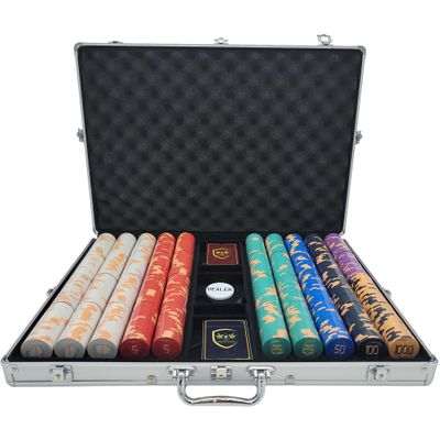 1000 pcs 10g Golden Club Ceramic Poker Chips Set with Silver Aluminum Case
