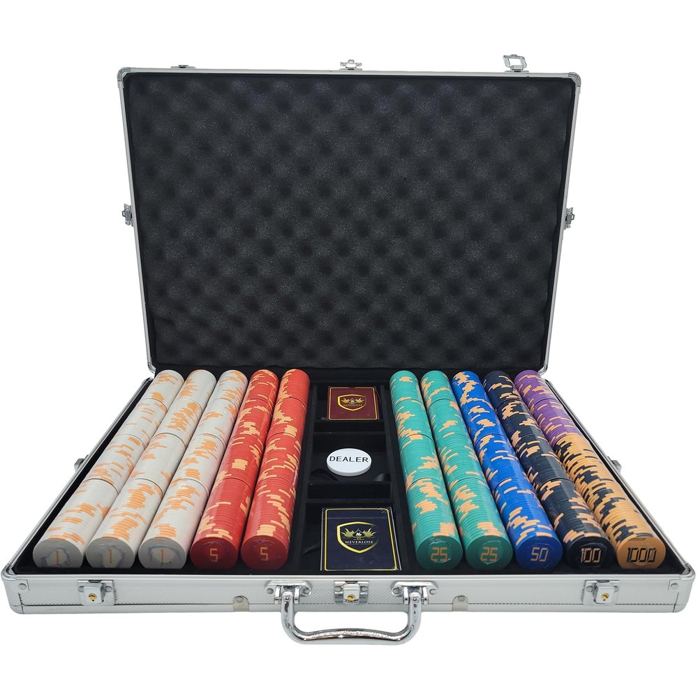 1000 pcs 10g Golden Club Ceramic Poker Chips Set with Silver Aluminum Case