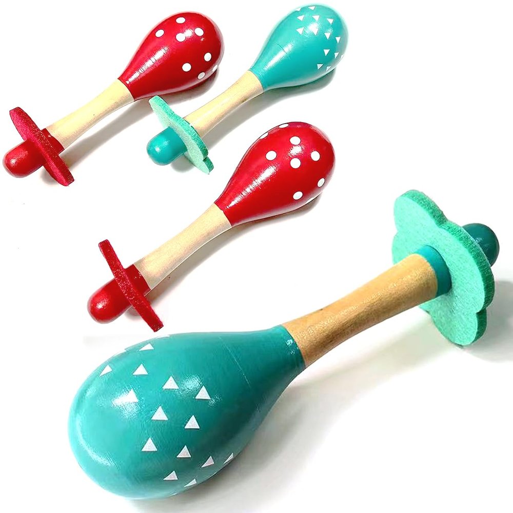 4 Pack Wooden Maracas for Toddlers, Baby Montessori Learning Toys with Antiskid Felt Design,Educational Musical Instruments Hand Percussion Rattles, Red and Turquoise