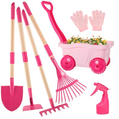 Kids Gardening Tools Set 7pcs Wheelbarrow Set with Shovel, Rake, Pink