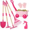 Kids Gardening Tools Set 7pcs Wheelbarrow Set with Shovel, Rake, Pink view 1