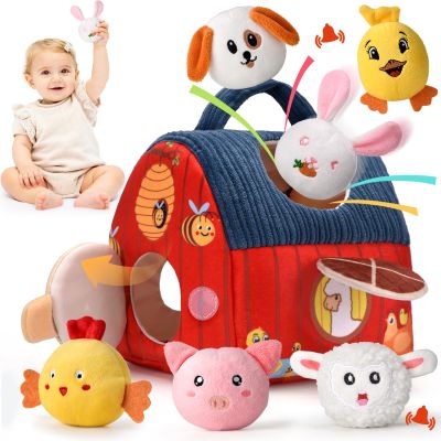 Alsatic Baby Toys for 1 Year Old, Surprise Barn Stuffed Farm Animals, Crinkle, Rattle, Mirror, Montessori Toys for One Year Old Boy Girl Birthday Gift, Christmas Baby Stocking Stuffers for 1-3 Toddler