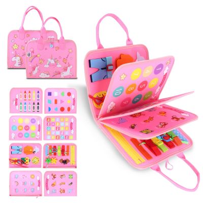 HOPA POPA TOYS Montessori Busy Book Board for Toddlers I Travel Toys for 2-4 Y.O. I Quiet Sensory Activity Board I Fine Motor Skill Learning Shapes Colors Animals Educational Gift For Girls Pink 8 Pgs