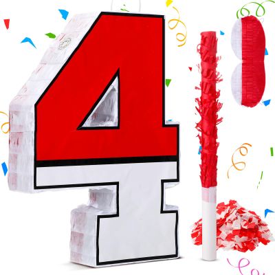 16 Inch Red and White Number 4 Pinata for 4th Birthday Party Decorations, Birthday Pinata with 16 Inch Piata Stick Blindfold Confetti for Sons Daughters, 4th Birthday Party Supplies Party Favors