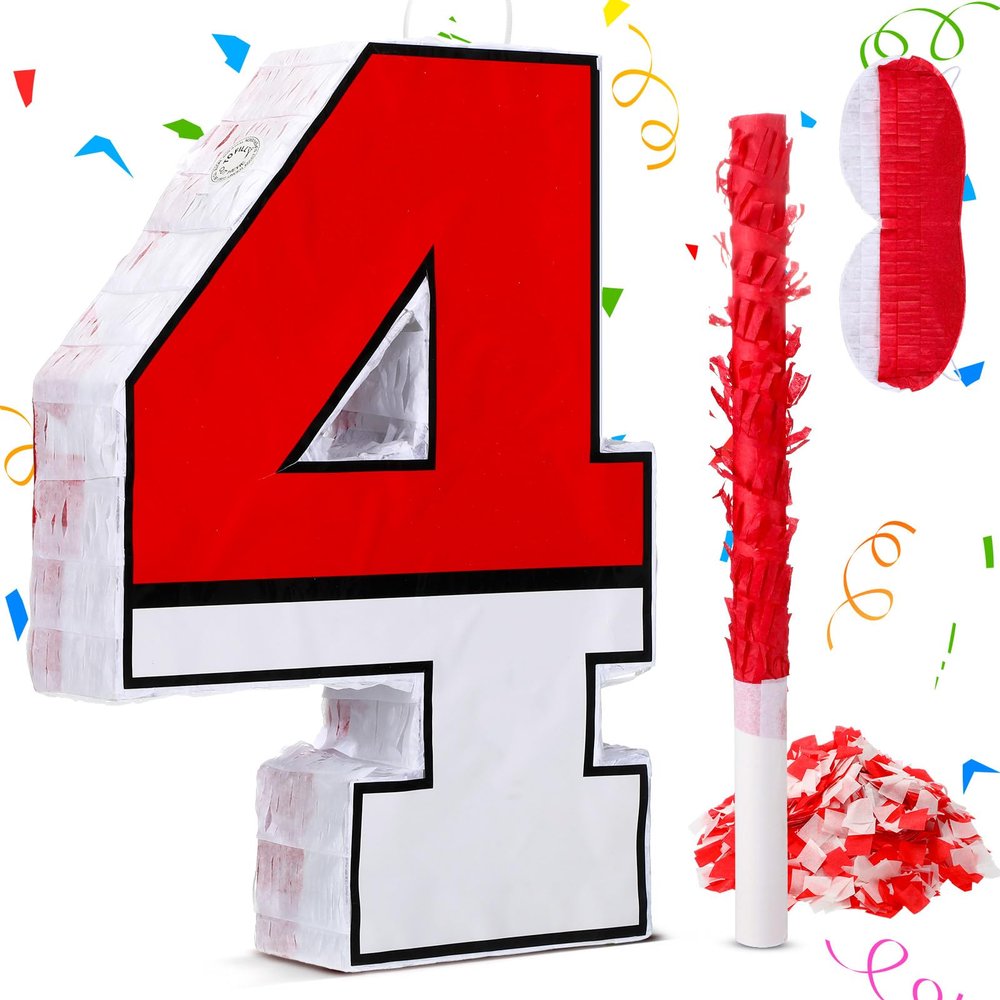 16 Inch Red and White Number 4 Pinata for 4th Birthday Party Decorations, Birthday Pinata with 16 Inch Piata Stick Blindfold Confetti for Sons Daughters, 4th Birthday Party Supplies Party Favors