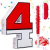 16 Inch Red and White Number 4 Pinata for 4th Birthday Party Decorations, Birthday Pinata with 16 Inch Piata Stick Blindfold Confetti for Sons Daughters, 4th Birthday Party Supplies Party Favors view 1