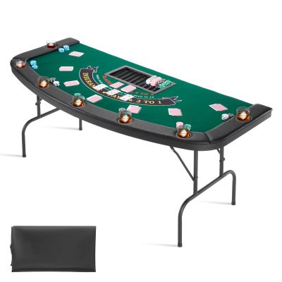 VEVOR Foldable Poker Table, 7 Player 72 in Folding Casino Leisure Table with Padded Rails & Cup Holders, Semi-Oval Portable Game Tables with Felt & Metal Legs, for Texas Hold'em Game and Blackjack