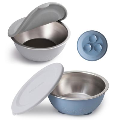 Moonkie Baby Suction Bowls for Self-Feeding: 3 Strong Suction Bases Prevent Spills - Seamless One-Piece Design for Easy Cleanup - Stainless Steel & Silicone Toddler Bowls with Lids - 13 oz 2 Pack