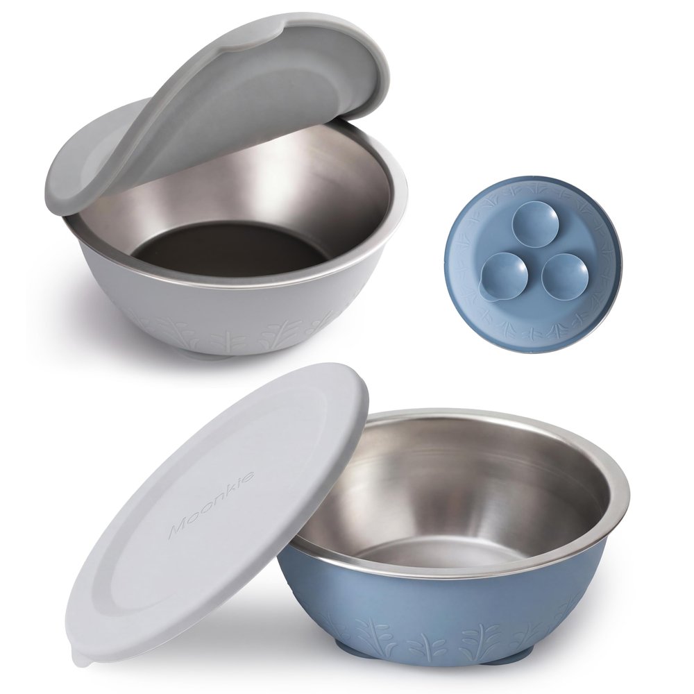 Moonkie Baby Suction Bowls for Self-Feeding: 3 Strong Suction Bases Prevent Spills - Seamless One-Piece Design for Easy Cleanup - Stainless Steel & Silicone Toddler Bowls with Lids - 13 oz 2 Pack