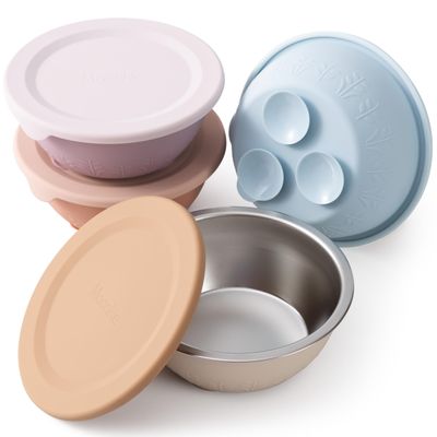 Moonkie Baby Suction Bowls for Self-Feeding: 3 Strong Suction Bases Prevent Spills - Seamless One-Piece Design for Easy Cleanup - Stainless Steel & Silicone Toddler Bowls with Lids - 13 oz 4 Pack