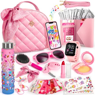 Hohosunlar Play Purse for Little Girls Toddlers, Kids Handbag w/ Pretend Makeup, DIY Unicorn Water Bottle, Toy Phone, Watch, Wallet Cards Stickers, Princess Christmas Birthday Gift Toy for Girls 3-12