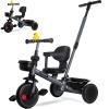 KRIDDO 2-in-1 Tricycle for Toddlers 1.5-5 Years, Push Tricycle with Parent Steering & Detachable Handle, 9-Stage Adjustable Handlebar, Toddler Trike with Safety Belt, Clutch Pedals & Dual Basket, Grey view 1