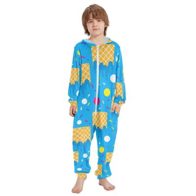 JULYTO Hooded Onesie PJs Ice Cream Cone Pattern Onesie Sleepsuit Pajamas Jumpsuits Home Clothing 12-13Y