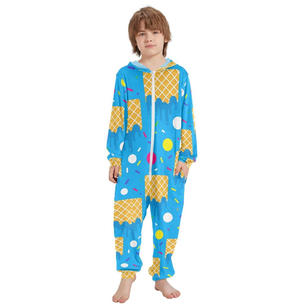 JULYTO Hooded Onesie PJs Ice Cream Cone Pattern Onesie Sleepsuit Pajamas Jumpsuits Home Clothing 12-13Y