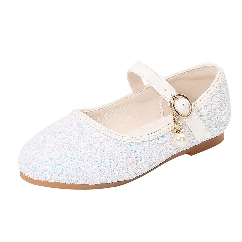 Girls Princess Dress Shoes ary Jane lats Glitter ow Heel Bridesmaids Wedding Birthday Part Footwear Shoes (White, 10.5 Little Child)