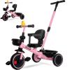 KRIDDO 2-in-1 Tricycle for Toddlers 1.5-5 Years, Push Tricycle with Parent Steering Detachable Handle, 9-Stage Adjustable Handlebar, Toddler Trike with Safety Belt, Clutch Pedals & Dual Basket, Pink view 1
