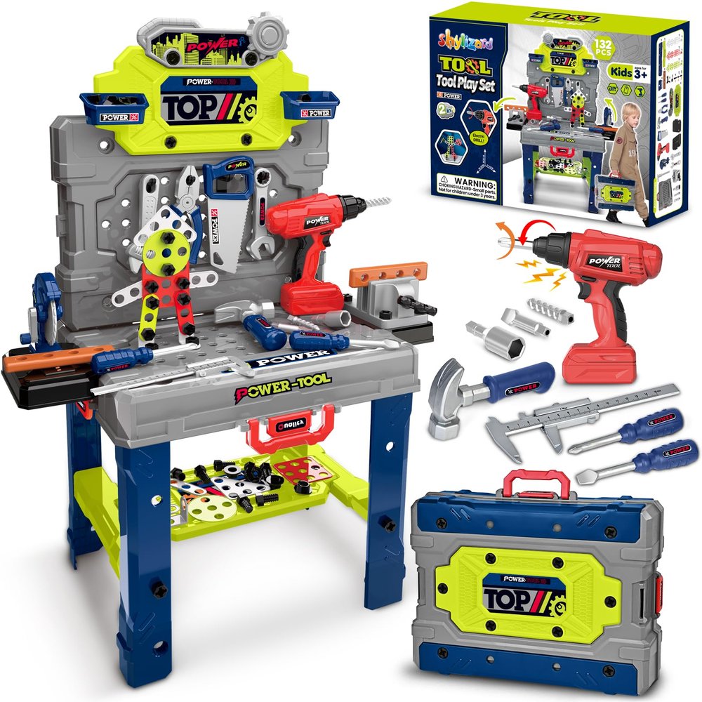 Kids Tool Bench with Realistic Electric Drill, 132 PCS Toddler Tool Set, Birthday Christmas Gifts Toys for Kid Ages 3 4 5 6 7 8, Toddlers Tool Box & Workbench, Kids Tool Set for Boys 3-5 6-8 (Green)