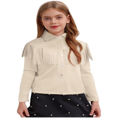 ACSUSS Children Cowgirl Tassels Fringed Lapel Collar Long Sleeve Button Down Shirt for Western Cowboy Costume Beige Apricot 10 Years