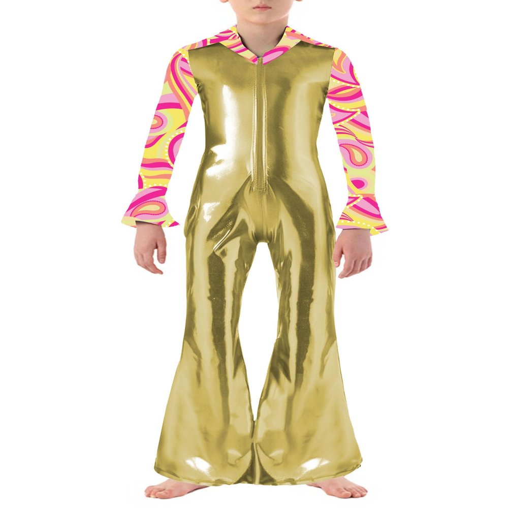 ACSUSS Kids Boys Hippie Dude Costume Halloween Retro 70s Disco Outfits Shiny Metallic Dance Jumpsuits Gold 6 Years