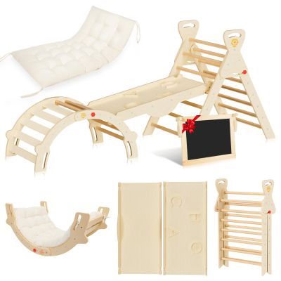 CHAO KWORLDS Pikler Triangle Set 8-in-1 Foldable Montessori Wooden Climbing Toys for Toddlers 1-5 Years Indoor Jungle Gym with Slide, Arch Ladder & Ramp Solid Wood Baby Activity Climber
