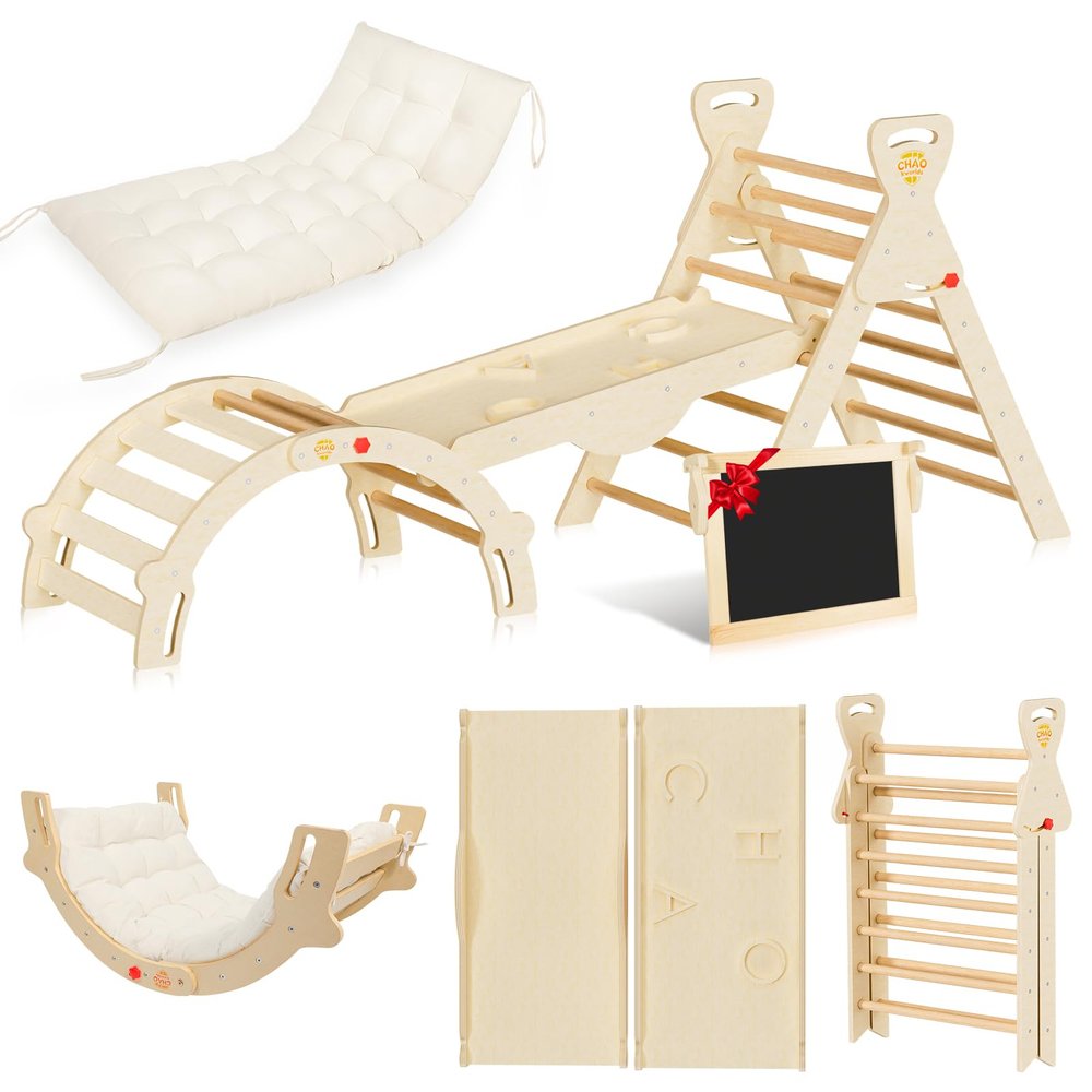 CHAO KWORLDS Pikler Triangle Set 8-in-1 Foldable Montessori Wooden Climbing Toys for Toddlers 1-5 Years Indoor Jungle Gym with Slide, Arch Ladder & Ramp Solid Wood Baby Activity Climber