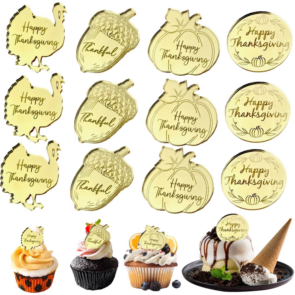 12 Pcs Fall Cupcake Topper Decorations Gold Mirror Acrylic Round Pumpkin Turkey Pinecone Shaped Cake Decoration Thanksgiving Day Party Supplies
