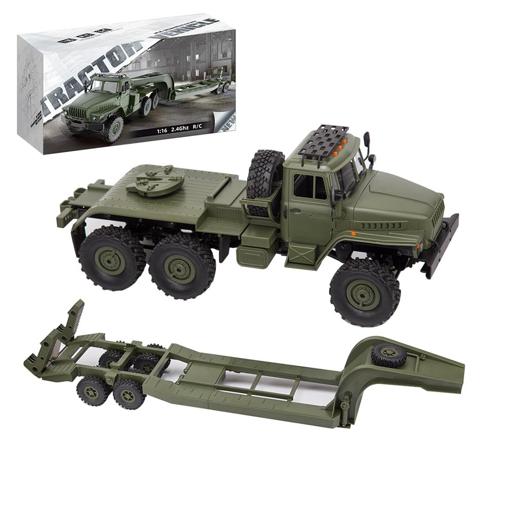 XeleMush 1/16 WPL RC Military Trailer, 2.4G 6WD 41.3 Inch Full-Proportional RC Transport Semi Trailer Tractor Truck Engineering Vehicle Models Toys