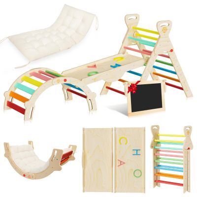 CHAO KWORLDS Pikler Triangle 8-in-1 Foldable Montessori Climbing Set for Toddlers  Wooden Jungle Gym with Slide, Arch Ladder, Ramp & Chalkboard  Safe, Space-Saving Baby Activity Climber Rainbow