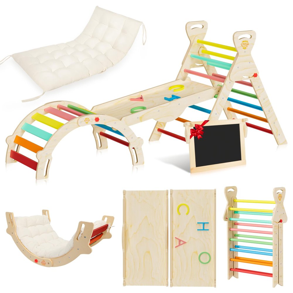 CHAO KWORLDS Pikler Triangle 8-in-1 Foldable Montessori Climbing Set for Toddlers  Wooden Jungle Gym with Slide, Arch Ladder, Ramp & Chalkboard  Safe, Space-Saving Baby Activity Climber Rainbow