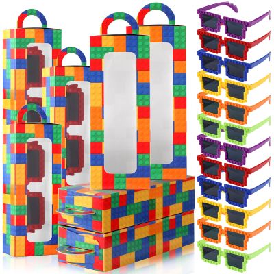 24 Sets Building Block Brick Party Decorations Brick Gift Boxes with Sunglasses Goodie Candy Box with Handle Colorful DIY Block Sunglass for Games Boys Girls Birthday Baby Shower Decor Supplies