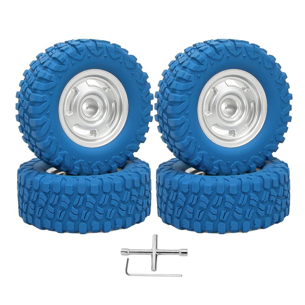 4PCS 1.3" Beadlock Wheel Tires Set 1.3inch Aluminum Beadlock Wheel Hub 65mm/2.56inch Colored Rubber Crawler Tires for 1/18 TRX4M 1/24 SCX24 FCX24 RC Crawler Car (blue tires B+ silver wheel hub)