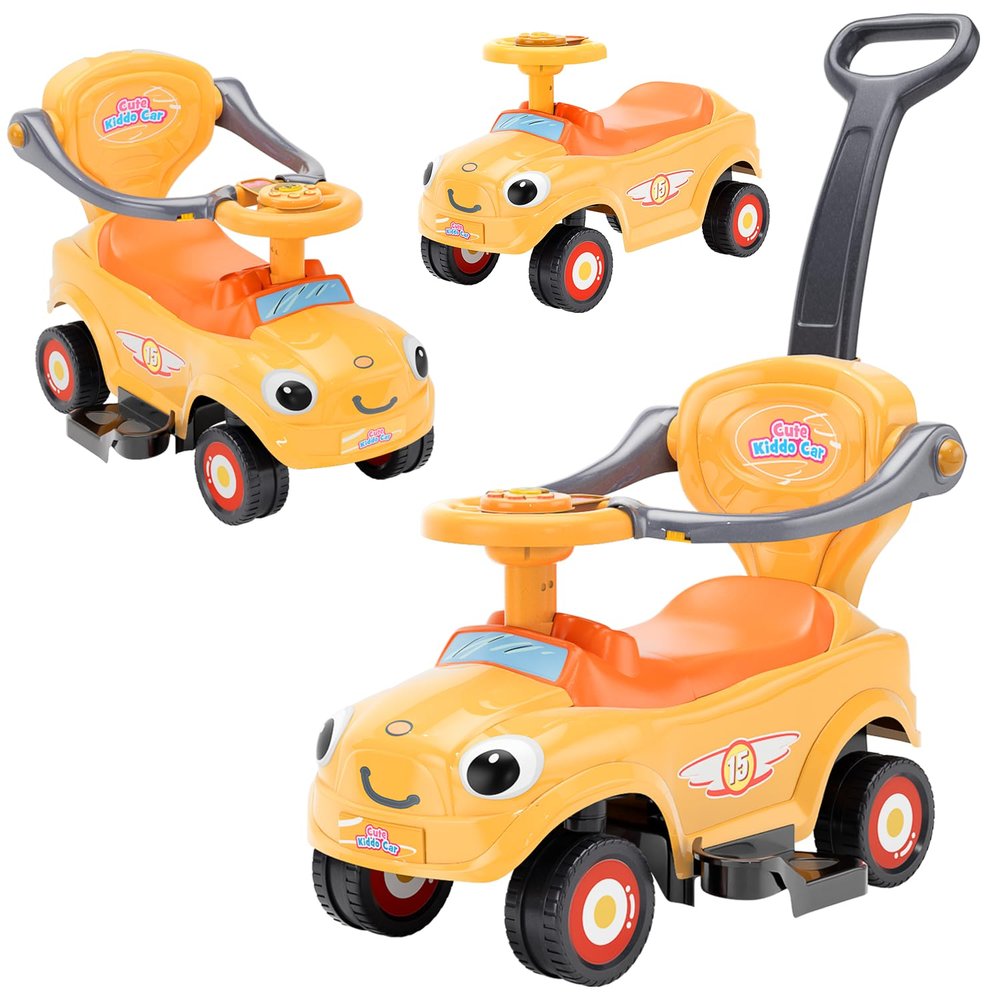 ChromeWheels 3 in 1 Ride on Push Cars for Toddlers with Removable Handle Pedal Guardrails, Music, Horn, Under Seat Storage (Yellow)