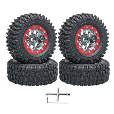4PCS 1.3" Beadlock Wheel Tires Set 1.3inch Aluminum Beadlock Wheel Hub  65mm/2.56inch Colored Rubber Crawler Tires for 1/18 TRX4M 1/24 SCX24 FCX24 RC Crawler Car (black tires + red wheel hub)