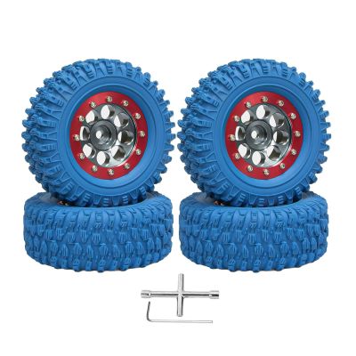4PCS 1.3" Beadlock Wheel Tires Set 1.3inch Aluminum Beadlock Wheel Hub  65mm/2.56inch Colored Rubber Crawler Tires for 1/18 TRX4M 1/24 SCX24 FCX24 RC Crawler Car (blue tires + red wheel hub)