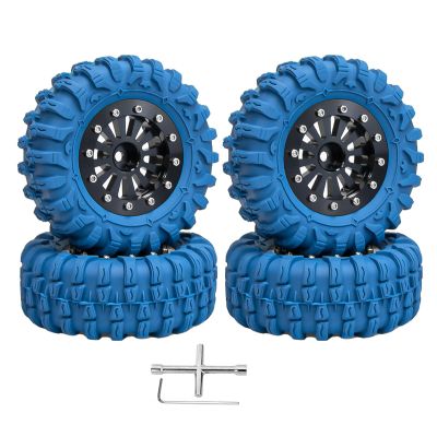 4PCS 1.3" Beadlock Wheel Tires Set 1.3inch Aluminum Beadlock Wheel Rim  2.56inch Colored Rubber Crawler Tires for 1/18 TRX4M 1/24 SCX24 FCX24 RC Crawler Car (blue tires + black wheel hub)