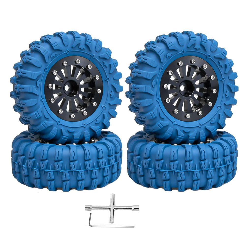 4PCS 1.3" Beadlock Wheel Tires Set 1.3inch Aluminum Beadlock Wheel Rim 2.56inch Colored Rubber Crawler Tires for 1/18 TRX4M 1/24 SCX24 FCX24 RC Crawler Car (blue tires + black wheel hub)