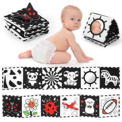 AJsupojouet High Contrast Baby Book with Tummy Time Mirror & Contrast Cards | Black and White Visual Stimulation for Newborns 0-6 Months & Infants | Interactive Learning Gift, Baby Shower Essential