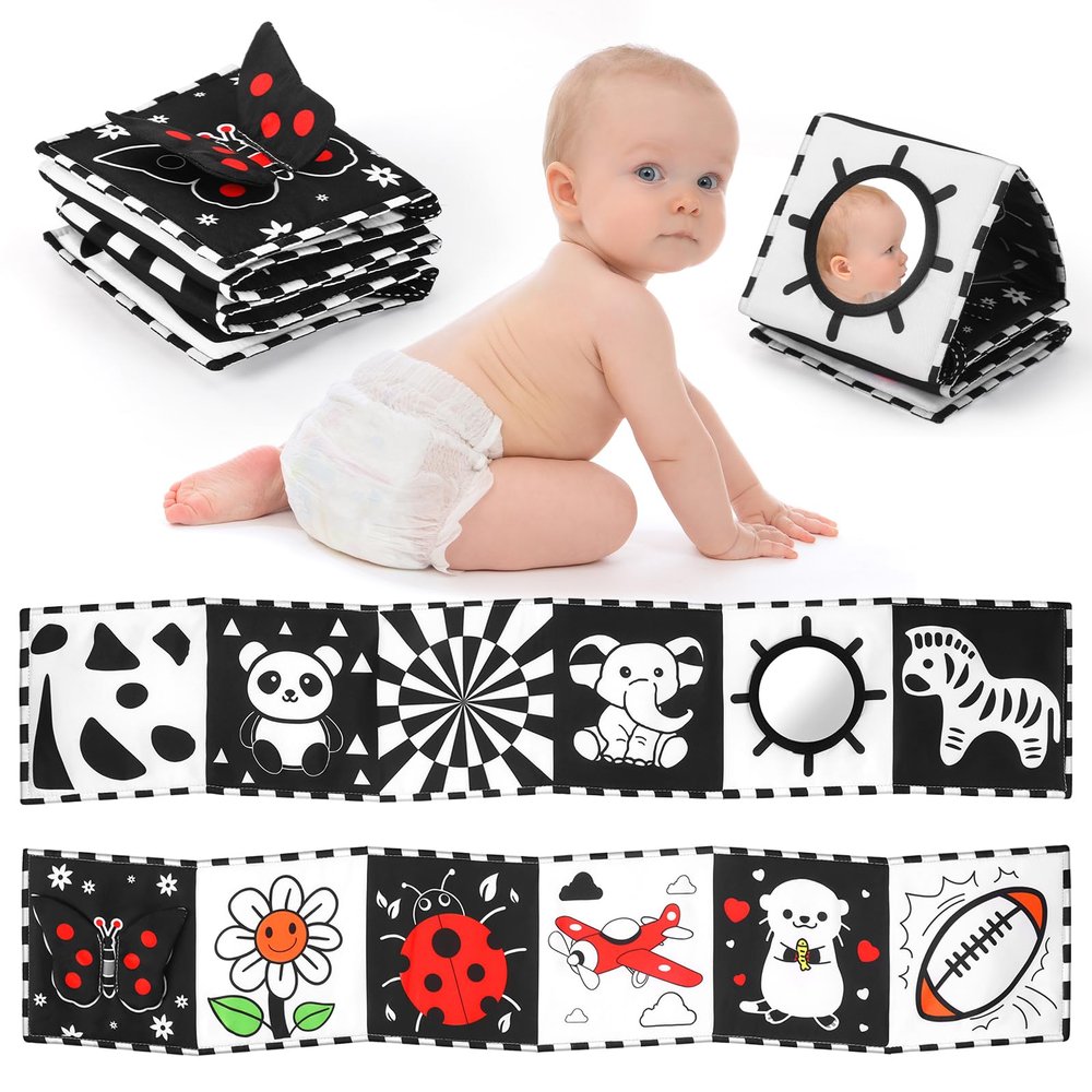AJsupojouet High Contrast Baby Book with Tummy Time Mirror & Contrast Cards | Black and White Visual Stimulation for Newborns 0-6 Months & Infants | Interactive Learning Gift, Baby Shower Essential