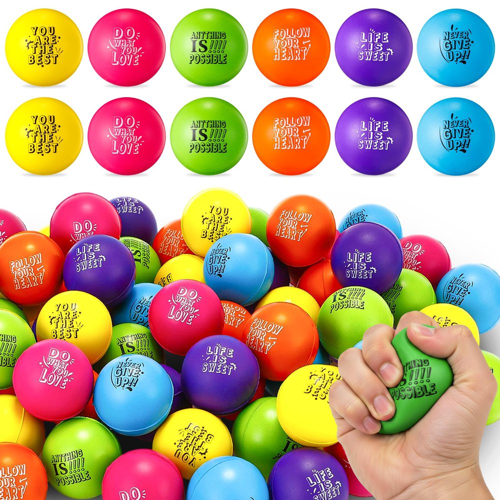 Leyndo 200 Pack Stress Balls Bulk Motivational Stress Relief Colorful Foam Squeeze Balls with Inspirational Quotes for Adults Teens Kids Relief Encouraging (Light, Round)