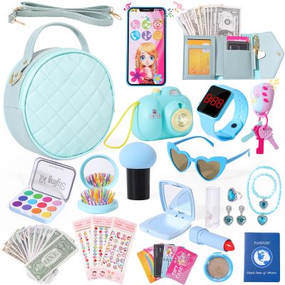 Kagenmi Play Purse for Little Girls, 39Pcs Toddler Purse with Makeup for Girls Age 3 4 5 6+, Pretend Princess Toys Includes Phone, Watch, Camera,Wallet, Kids Toy Purse Christmas Birthday Gift (Blue)