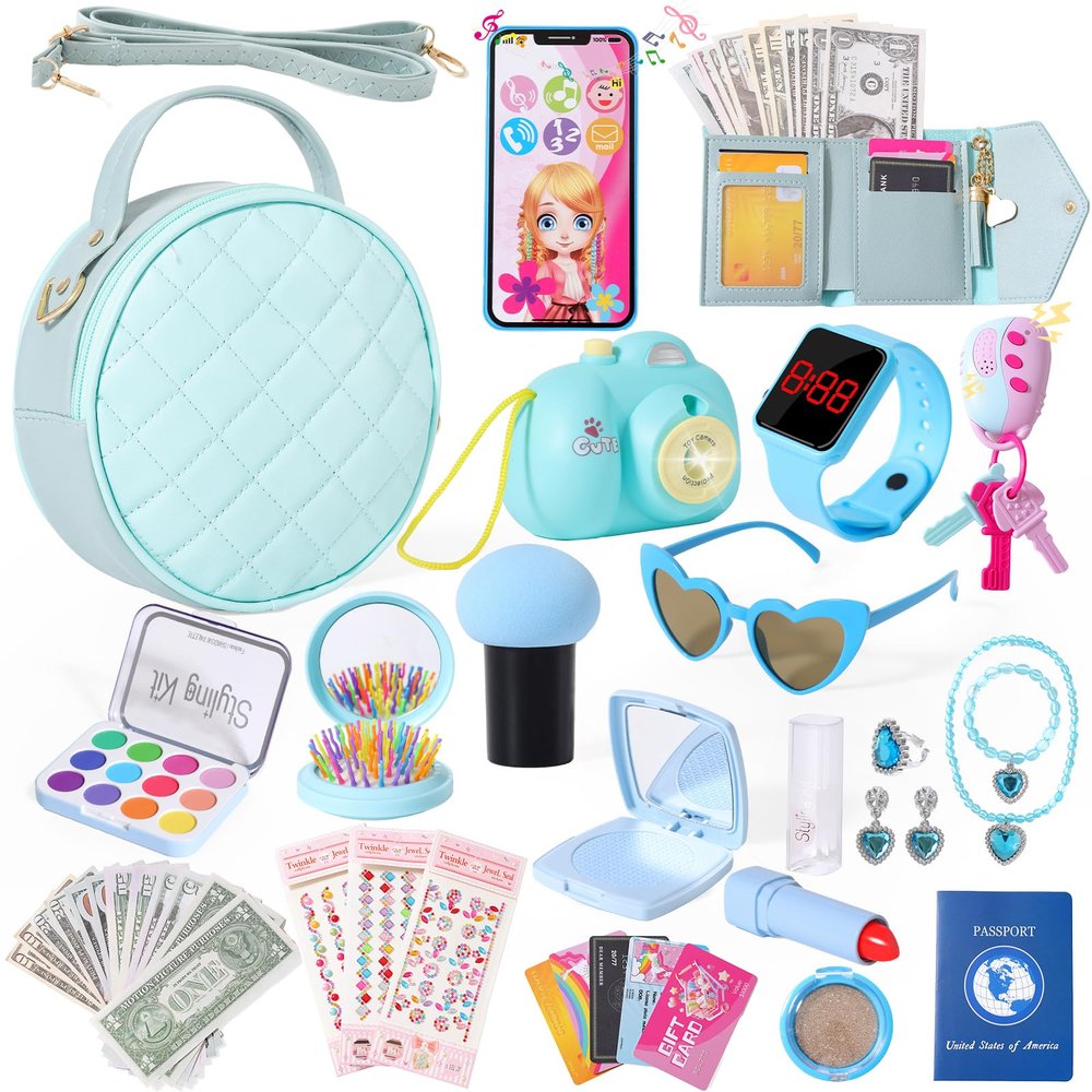 Kagenmi Play Purse for Little Girls, 39Pcs Toddler Purse with Makeup for Girls Age 3 4 5 6+, Pretend Princess Toys Includes Phone, Watch, Camera,Wallet, Kids Toy Purse Christmas Birthday Gift (Blue)