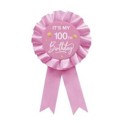 YHEZXUN It's My 100th Birthday Tinplate Badge Pin Pink Satin Fabric 100 Year Old Birthday Themed Button Pin Party Decorations Award Ribbon Badge