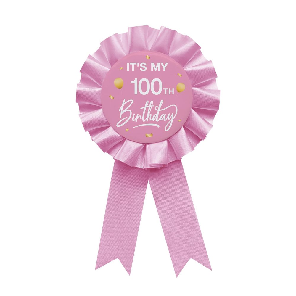YHEZXUN It's My 100th Birthday Tinplate Badge Pin Pink Satin Fabric 100 Year Old Birthday Themed Button Pin Party Decorations Award Ribbon Badge
