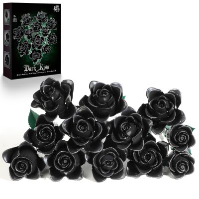 12 Black Roses Building Block Bouquet Set, 585 PCS Artificial Flowers Symbol of Mystery, Elegance & Transformation  Gothic Romantic Gift for Partner, Home Dcor