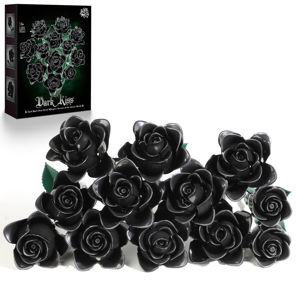 12 Black Roses Building Block Bouquet Set, 585 PCS Artificial Flowers Symbol of Mystery, Elegance & Transformation  Gothic Romantic Gift for Partner, Home Dcor