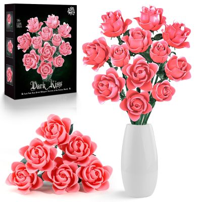 12 Pink Roses Building Block Bouquet Set, Symbol of Love, Admiration & Gratitude  Romantic Gift for Wife, Mom, Daughter, Friend on Valentines Day, Mothers Day, Birthday & Anniversary