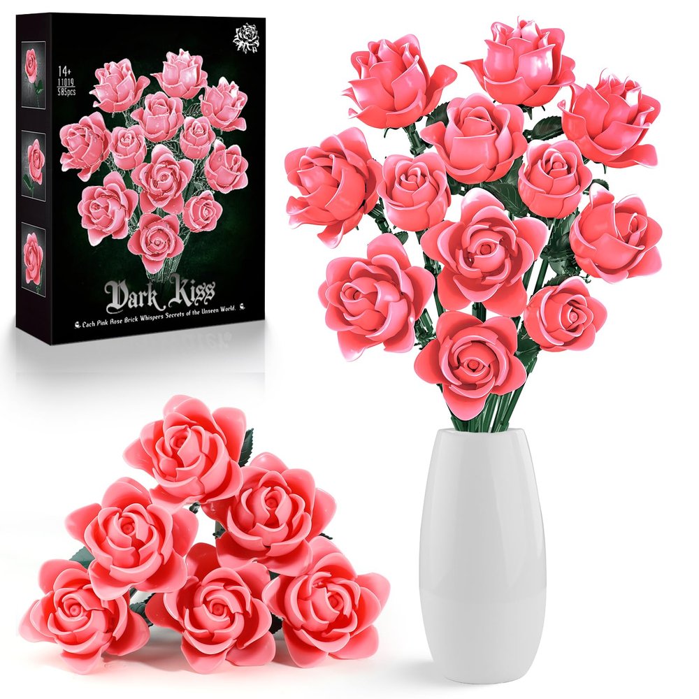 12 Pink Roses Building Block Bouquet Set, Symbol of Love, Admiration & Gratitude  Romantic Gift for Wife, Mom, Daughter, Friend on Valentines Day, Mothers Day, Birthday & Anniversary