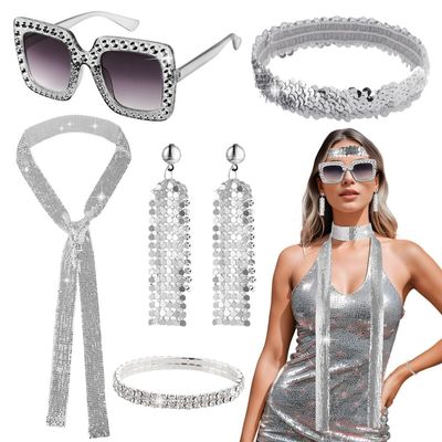 6-Piece WomenS Disco Party Costume Set, Sequin Earrings, Rhinestone Glasses, Scarf Necklace, Headband For Festivals