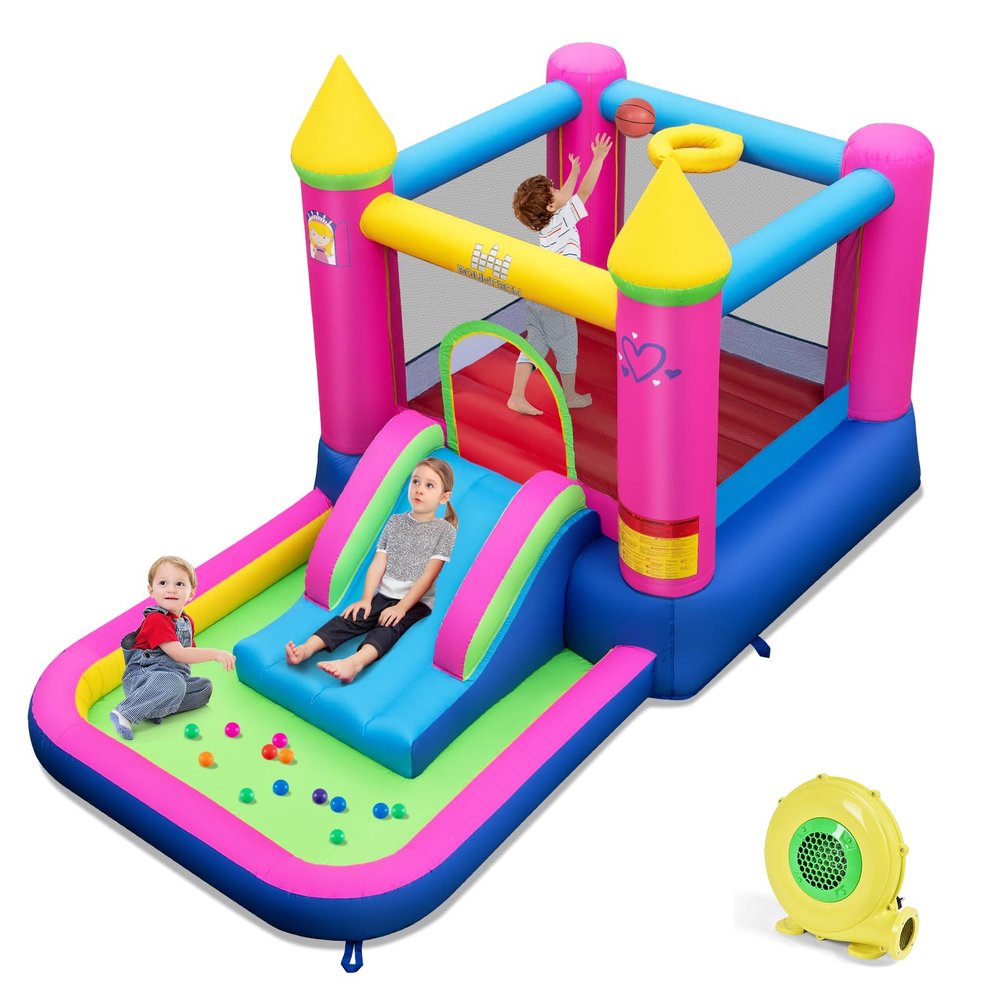 BOUNTECH Inflatable Bounce House with Ball Pit, Princess Bouncy House for Kids Indoor Outdoor w/Jumping Area, Basketball Hoop, Blower, Bounce House with Slide for 3-12 Backyard Birthday Party Gifts